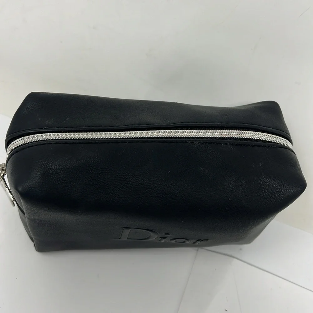 Dior Christian Dior Vegan Black Leather Zip Cosmetic Clutch Pouch